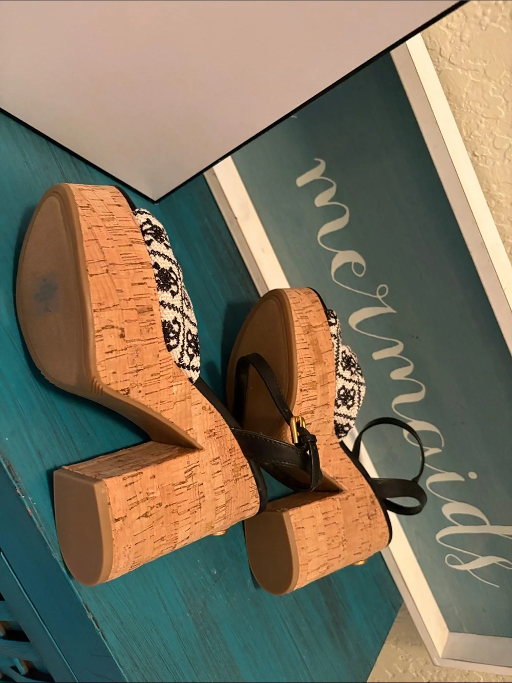 GUESS Black & White Patterned Cork Platform Sandals